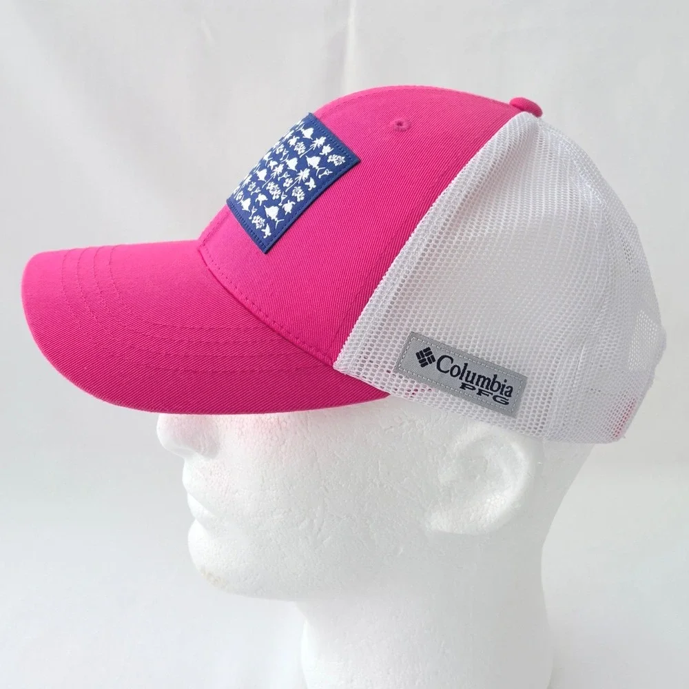 Columbia PFG Pink White Floral Nautical Flag Womens Snapback Trucker‎ Hat Cap - Picture 3 of 8